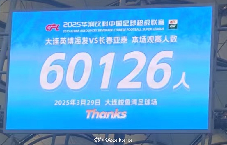 大连英博和长春亚泰吸引60126名观众现场观战,中超历史排名第二